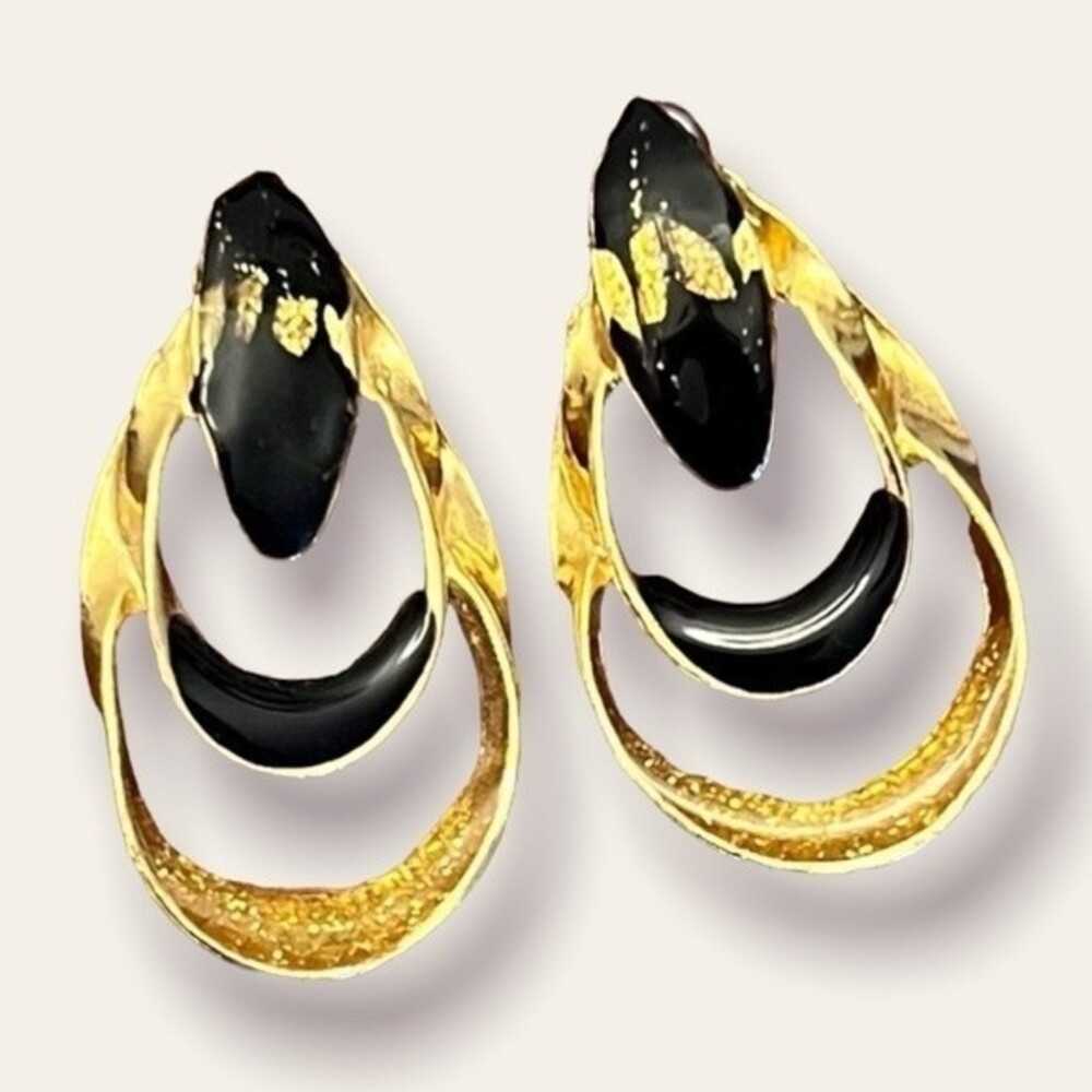 Vintage Kerissa Drop Earrings Black and Gold Tone Glitter Studs